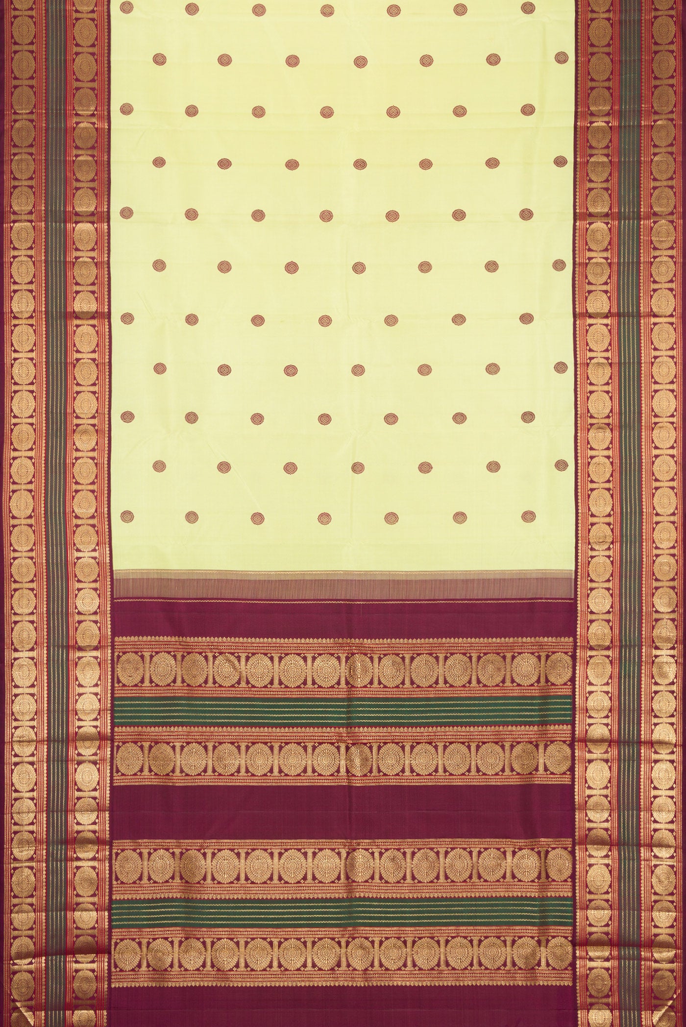 Flat view of Pure Silk Pure Zari Parrot Green Dual Tone Kanjivaram Saree with Thread Butta on the body and Zari Border. 