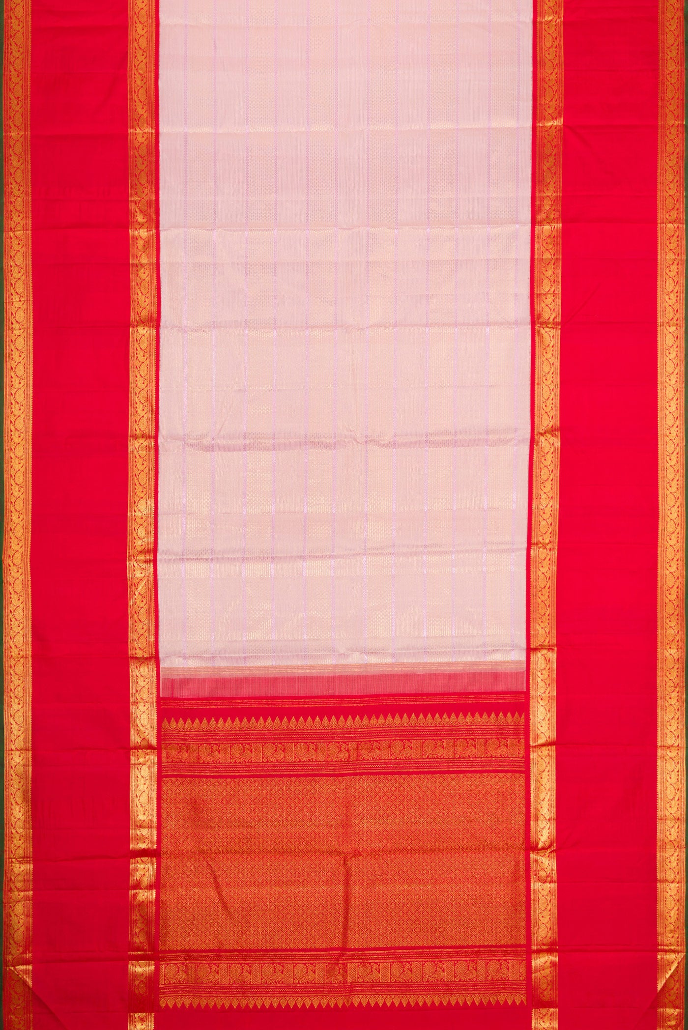 Flat view of Pink Dual Tone Kanchipuram Silk Saree with Checked design on the body and Zari Border. 
