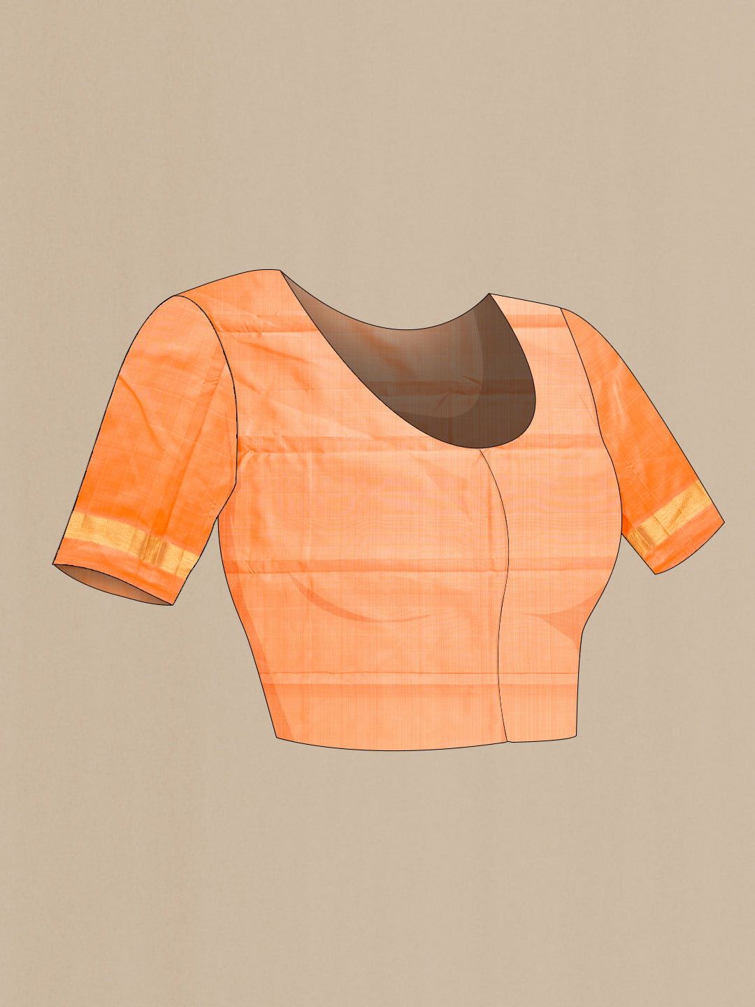 Close up image of the blouse of Sandal Dual Tone Kanjivaram Silk Saree with Plain Body and Zari Border. 