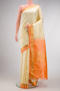 Sandal Dual Tone Kanjivaram Silk Saree with Plain Body and Zari Border.  displayed on a mannequin