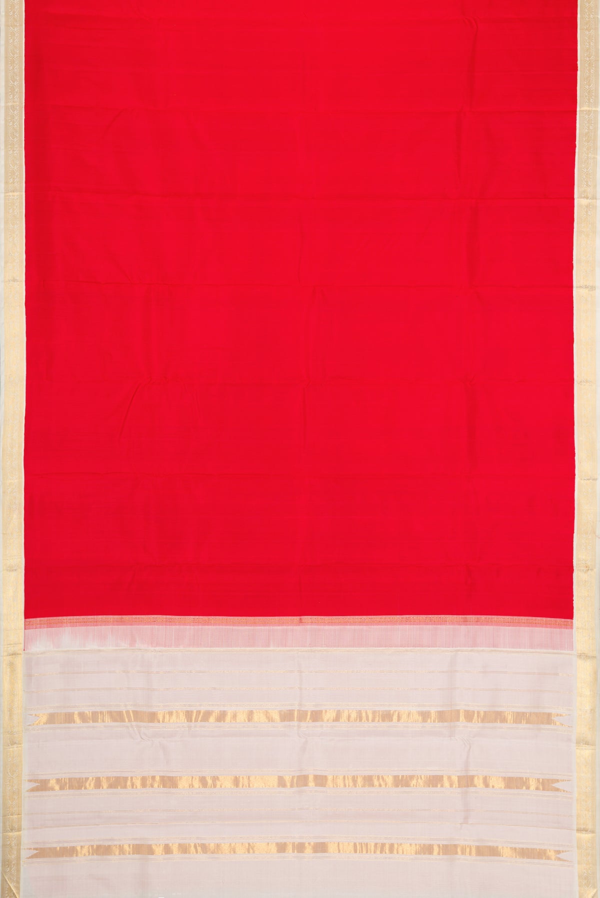Flat view of Red Dual Tone Kanjivaram Silk Saree with Plain Body and Zari Border. 