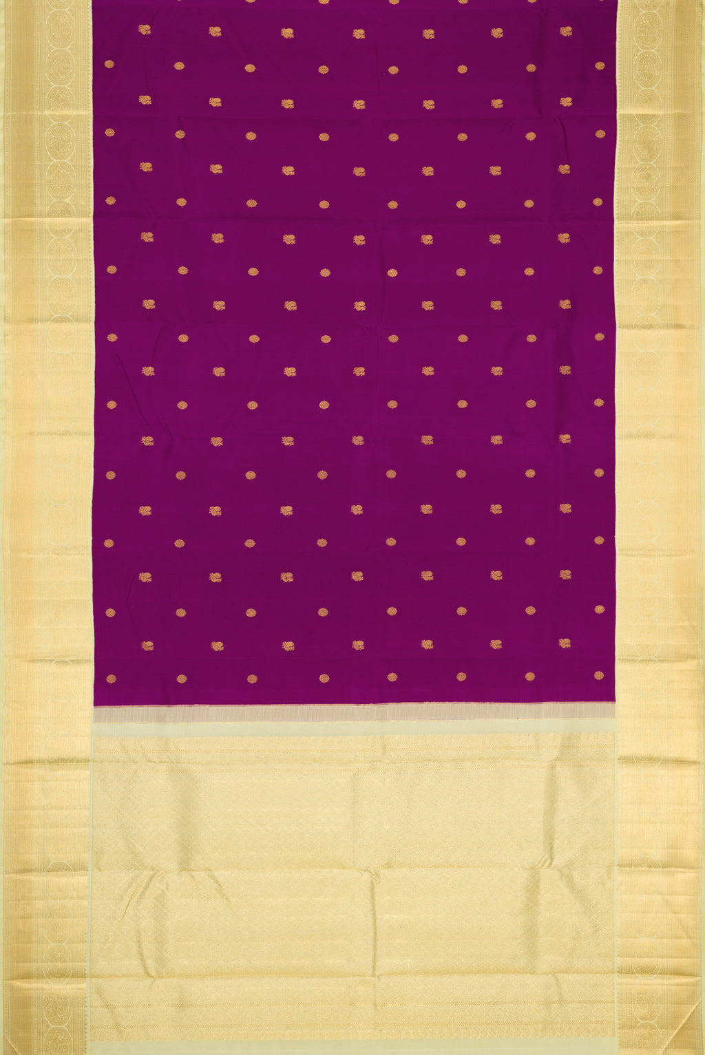 Flat view of Purple Dual Tone Kanjivaram Silk Saree with Zari Butta on the body and Zari Border. 