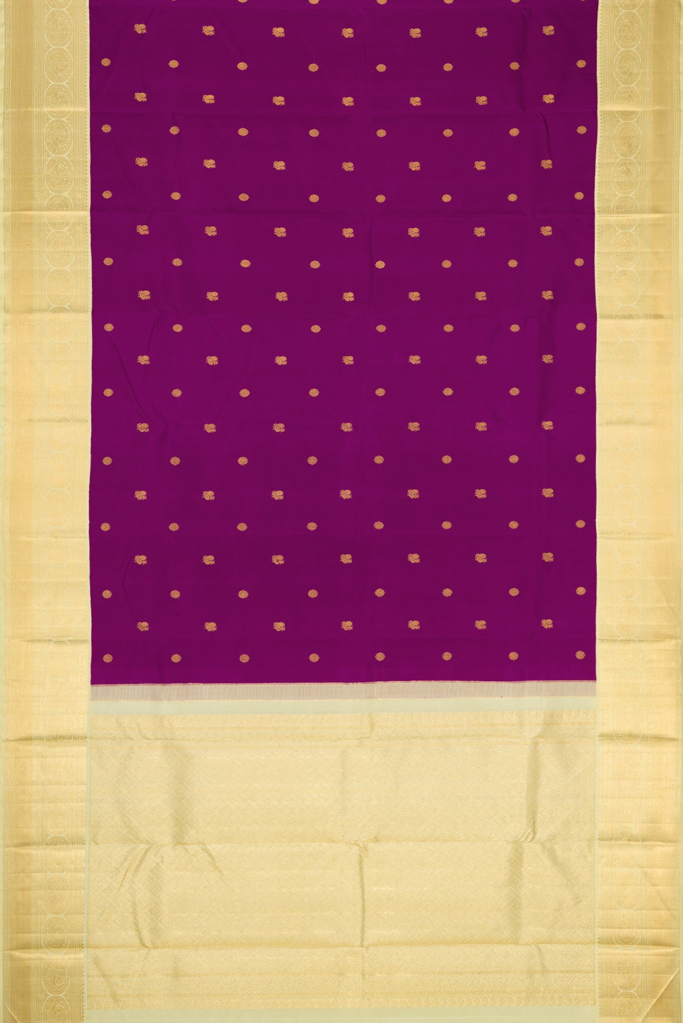 Flat view of Purple Dual Tone Kanjivaram Silk Saree with Zari Butta on the body and Zari Border. 