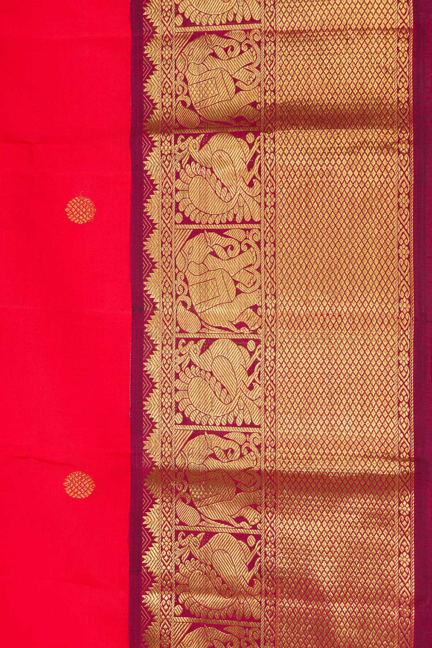 Border image of Red Dual Tone Kanjivaram Silk Saree with Zari Butta on the body and Zari Border. 