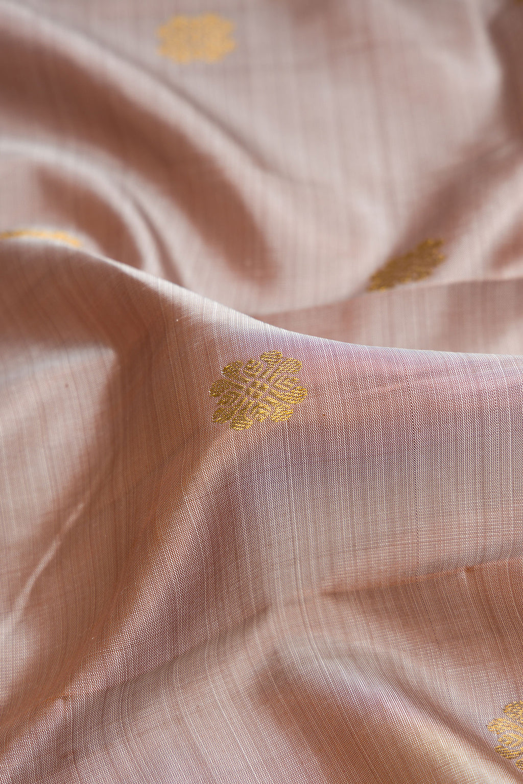 Close up of Dark Beige Dual Tone Kanjivaram Silk Saree with Zari Butta on the body and Zari Border.  displaying folds