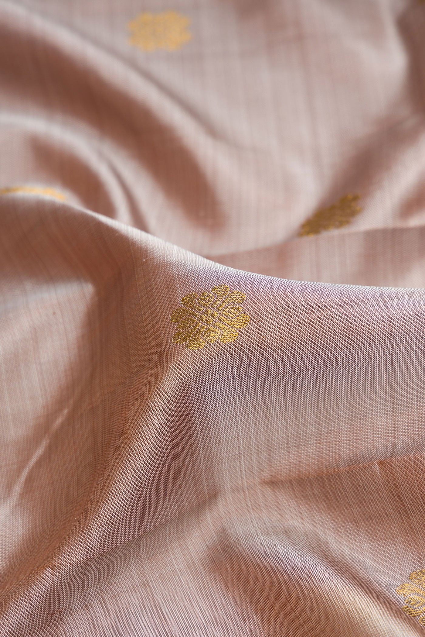 Close up of Dark Beige Dual Tone Kanjivaram Silk Saree with Zari Butta on the body and Zari Border.  displaying folds