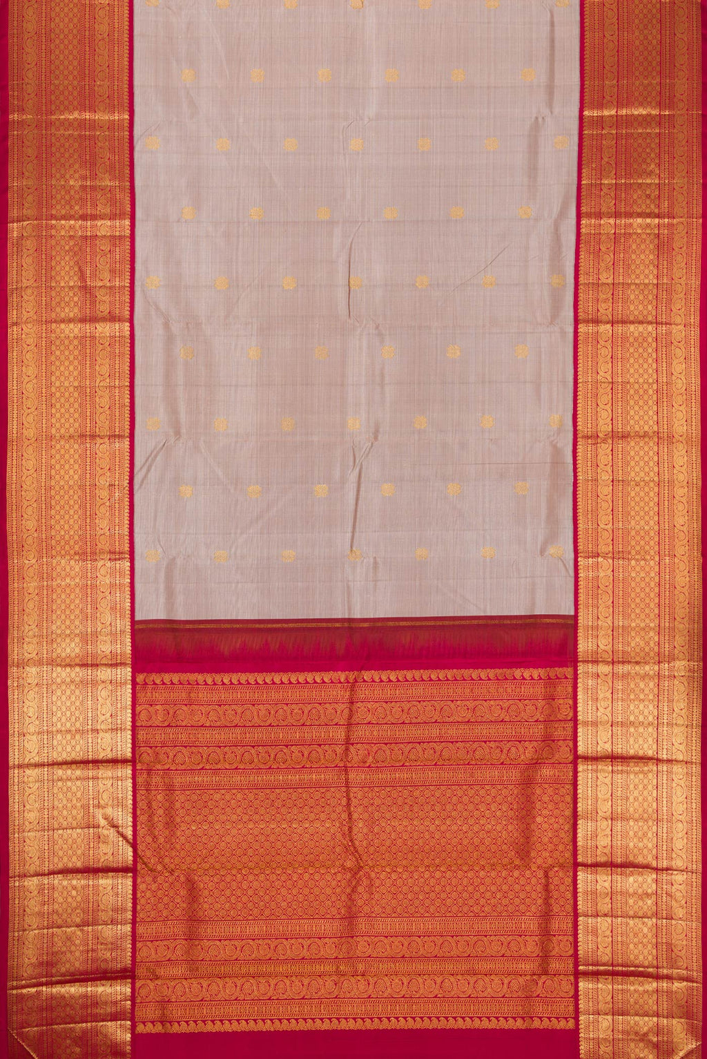 Flat view of Dark Beige Dual Tone Kanjivaram Silk Saree with Zari Butta on the body and Zari Border. 