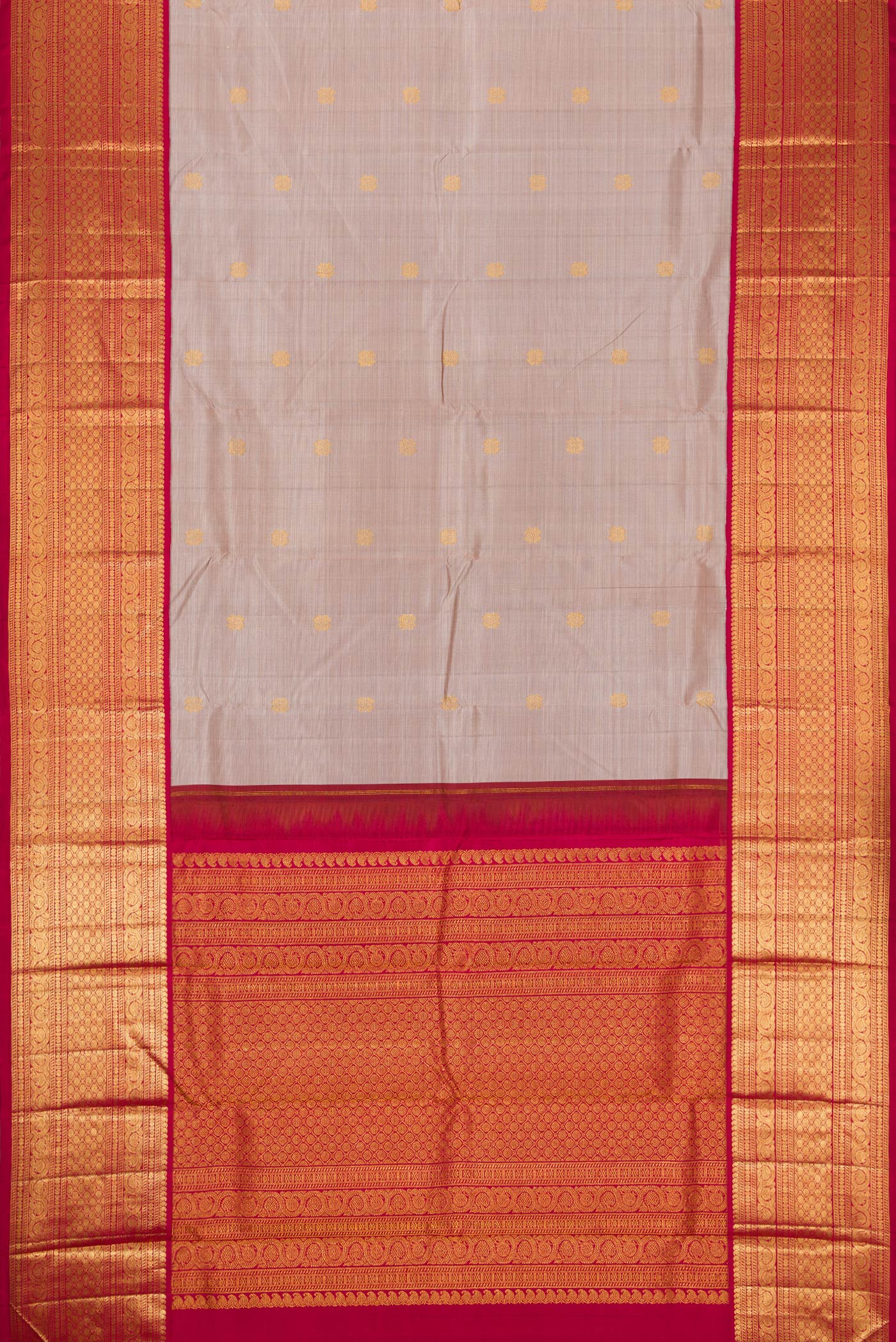 Flat view of Dark Beige Dual Tone Kanjivaram Silk Saree with Zari Butta on the body and Zari Border. 