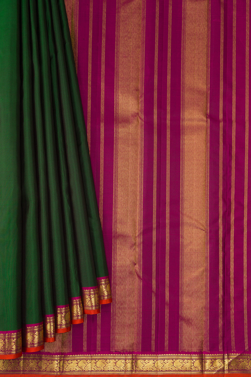 Pleats and pallu of Bottle Green Dual Tone Kanjivaram Silk Saree with Plain Body and Zari Border. 