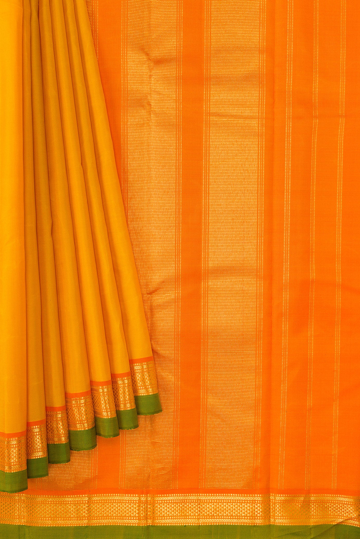 Pleats and pallu of Yellow Dual Tone Kanjivaram Silk Saree with Plain Body and Zari Border. 