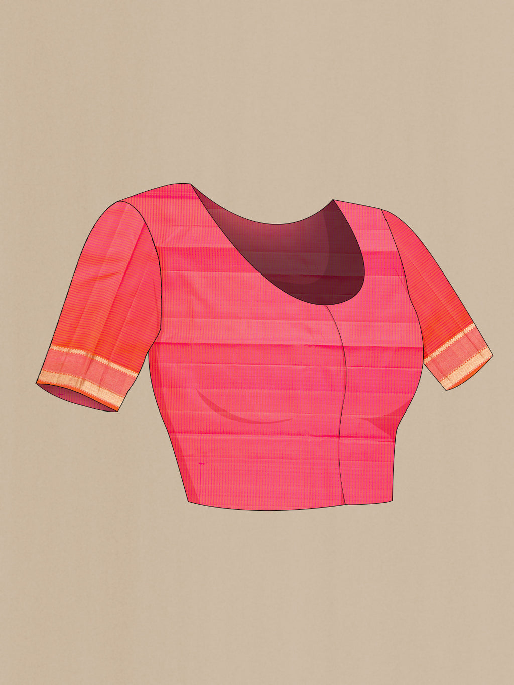 Close up image of the blouse of Coral Dual Tone Kanjivaram Silk Saree with Stripes on the body and Zari Border. 