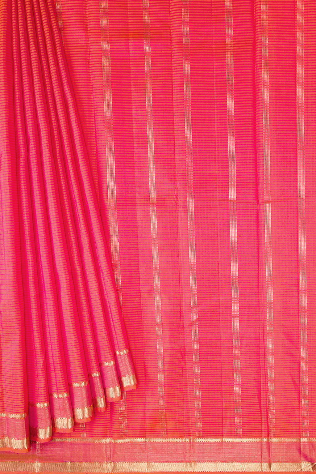 Pleats and pallu of Coral Dual Tone Kanjivaram Silk Saree with Stripes on the body and Zari Border. 