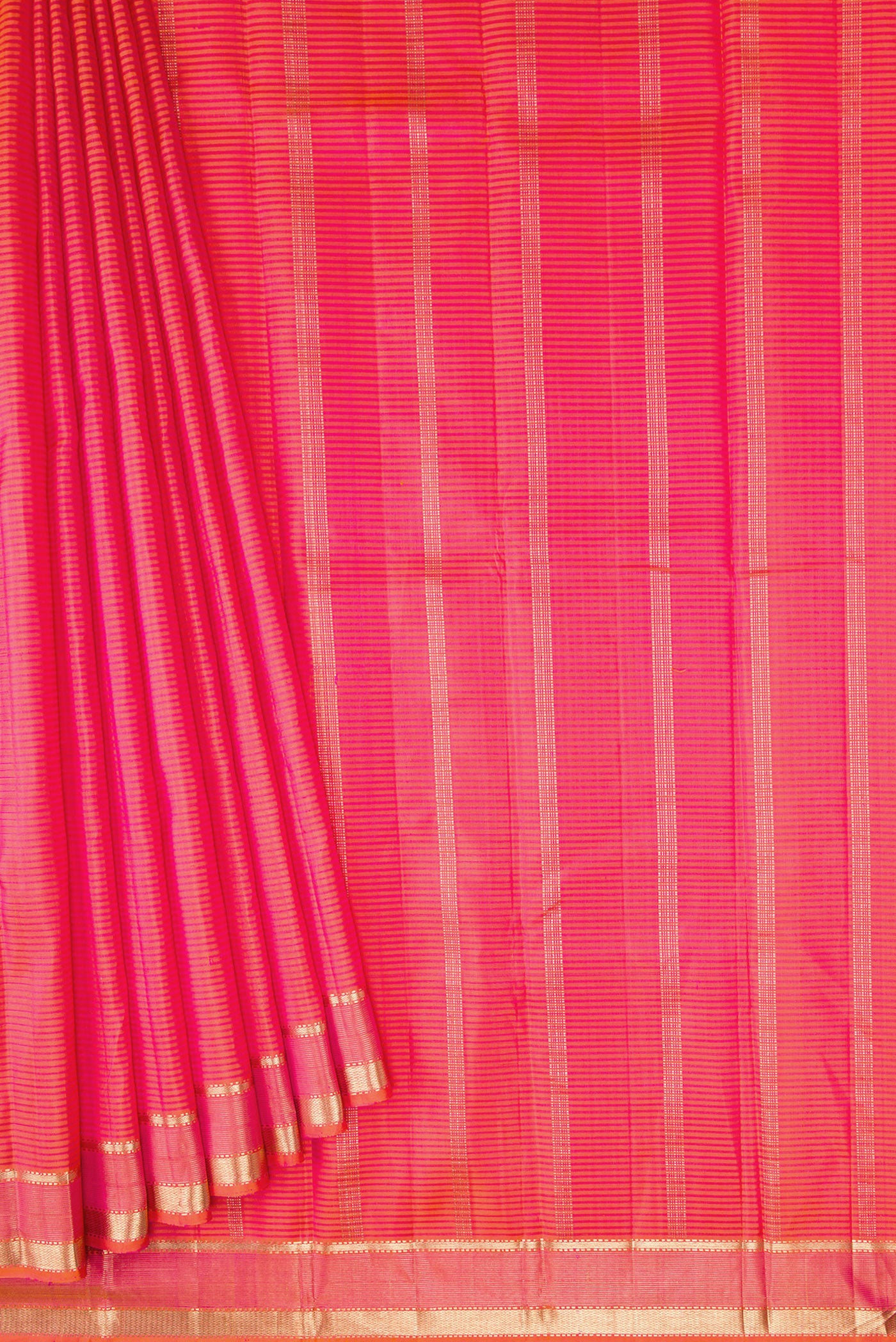 Pleats and pallu of Coral Dual Tone Kanjivaram Silk Saree with Stripes on the body and Zari Border. 