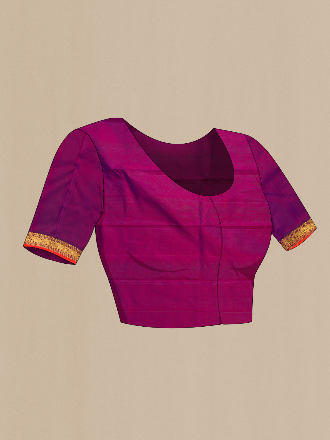 Close up image of the blouse of Dark Pink Dual Tone Kanjivaram Silk Saree with Plain Body and Zari Border. 