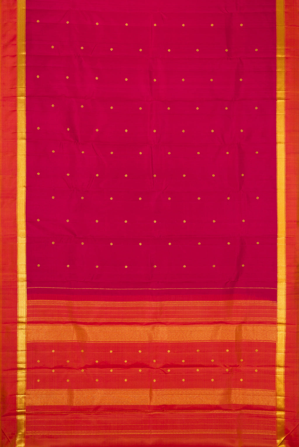Flat view of Dark Mauve Dual Tone Kanchipuram Silk Saree with Zari Butta on the body and Zari Border. 