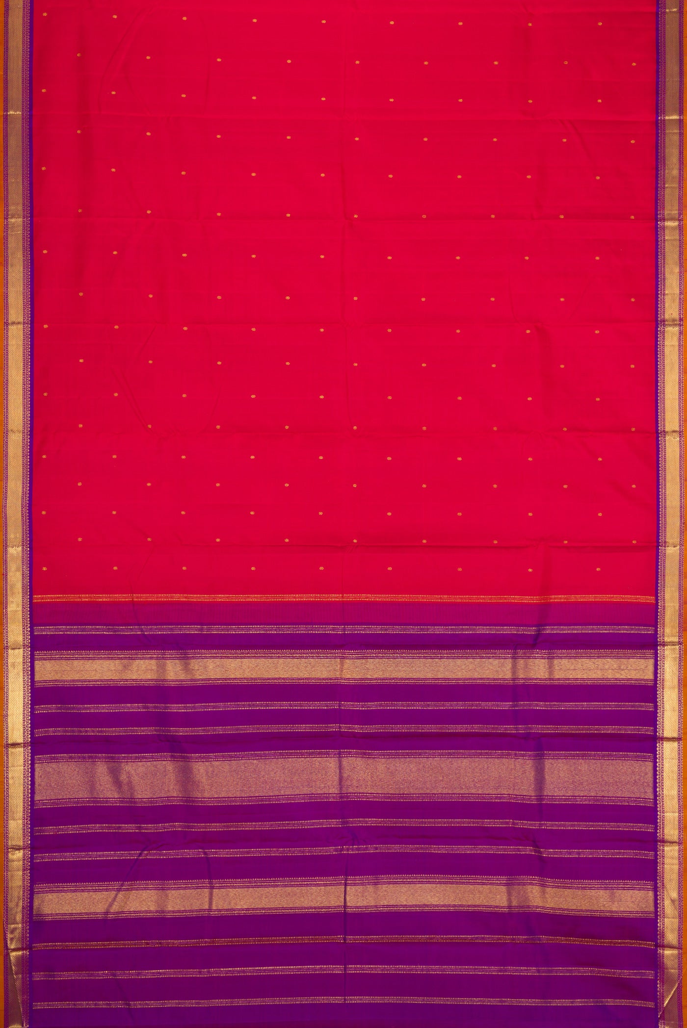 Flat view of Red Dual Tone Kanchipuram Silk Saree with Zari Butta on the body and Zari Border. 