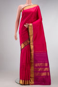 Pure Silk Pure Zari Dark Pink Dual Tone Kanchipuram Saree with Plain Body and Zari Border.  displayed on a mannequin