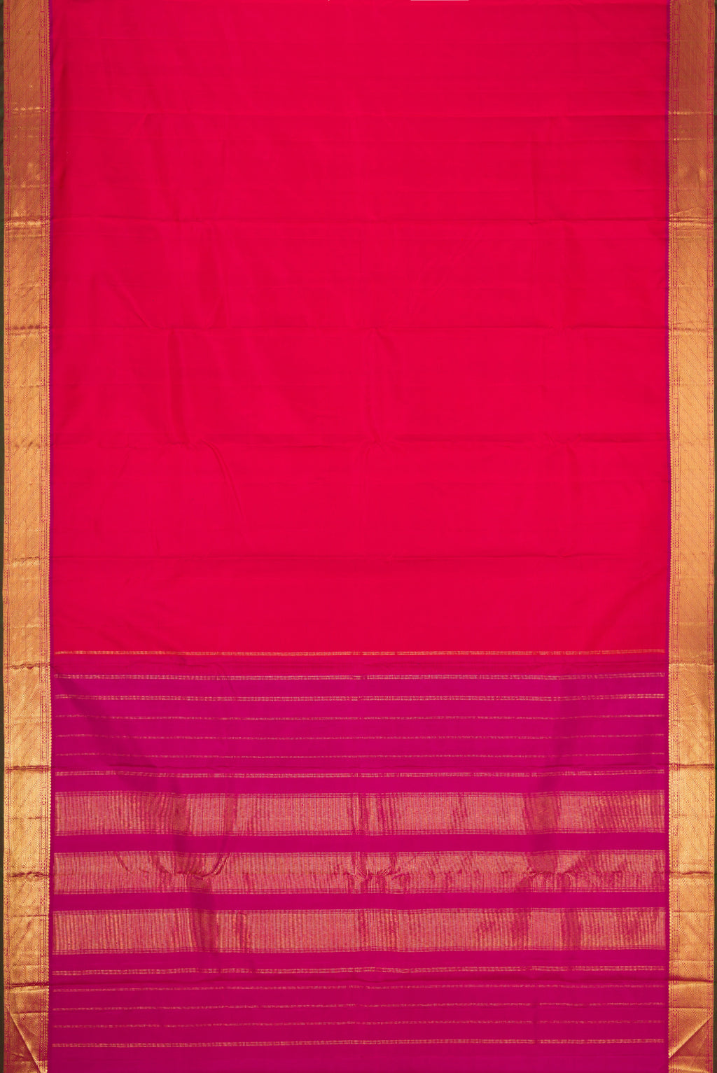 Flat view of Pure Silk Pure Zari Dark Pink Dual Tone Kanchipuram Saree with Plain Body and Zari Border. 