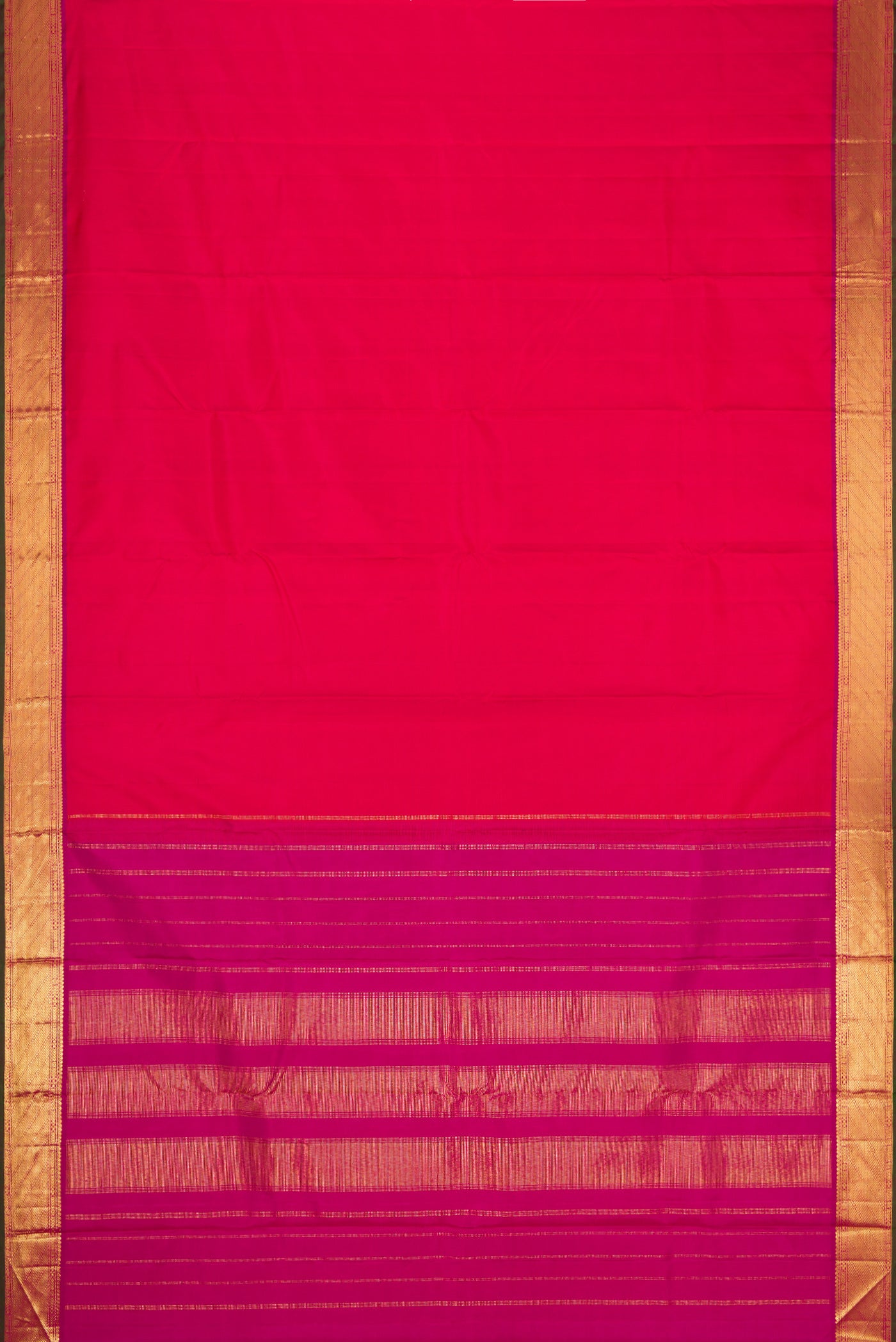 Flat view of Pure Silk Pure Zari Dark Pink Dual Tone Kanchipuram Saree with Plain Body and Zari Border. 