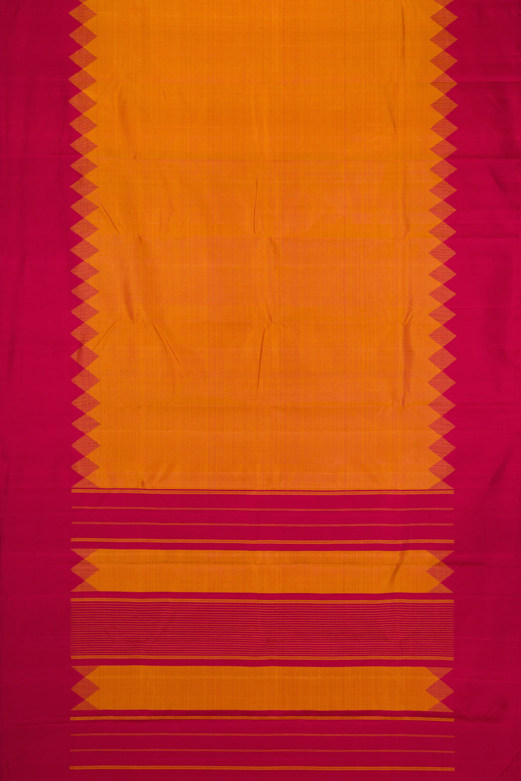 Flat view of Mustard Dual Tone Kanjivaram Silk Saree with Plain Body and Fancy Border. 
