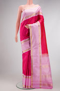 Pink Dual Tone Kanjivaram Silk Saree with Checked design on the body and Zari Border.  displayed on a mannequin