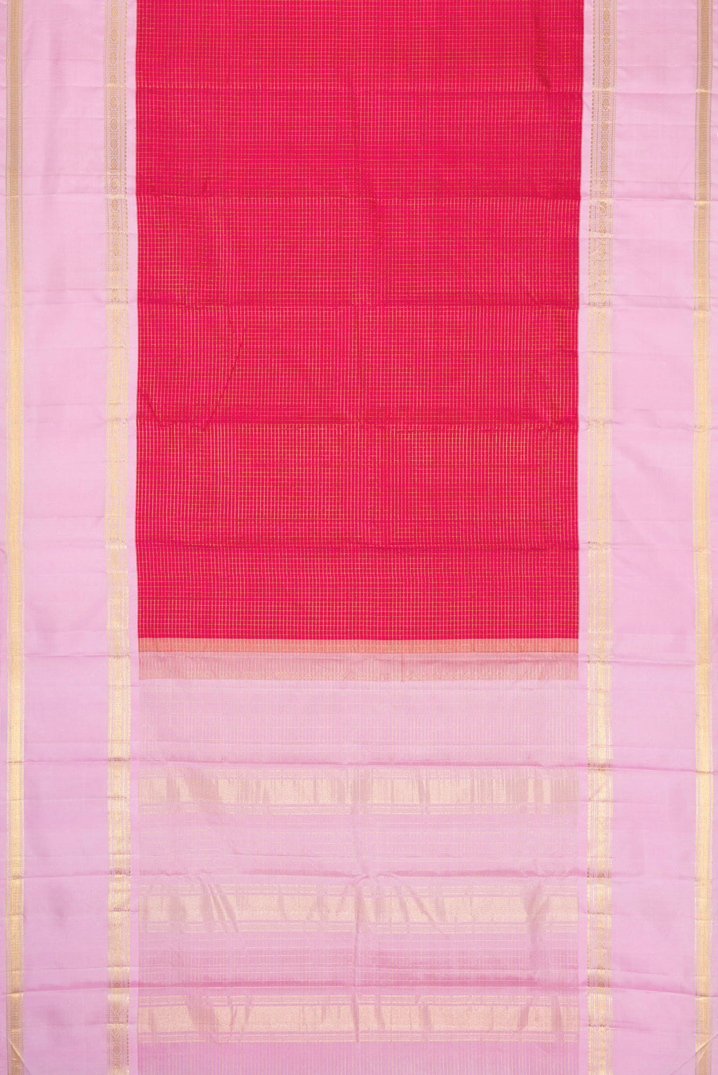 Flat view of Pink Dual Tone Kanjivaram Silk Saree with Checked design on the body and Zari Border. 