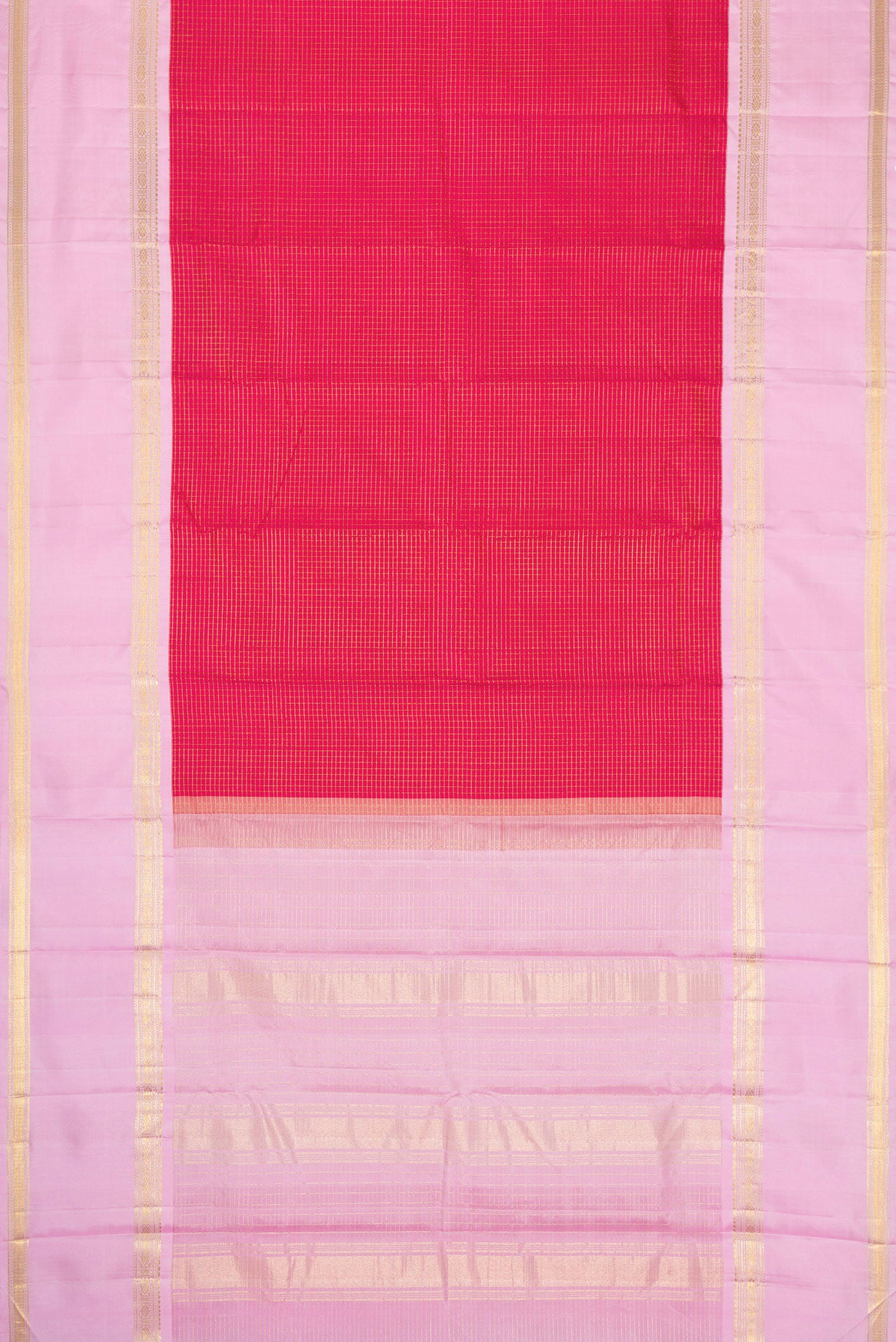 Flat view of Pink Dual Tone Kanjivaram Silk Saree with Checked design on the body and Zari Border. 