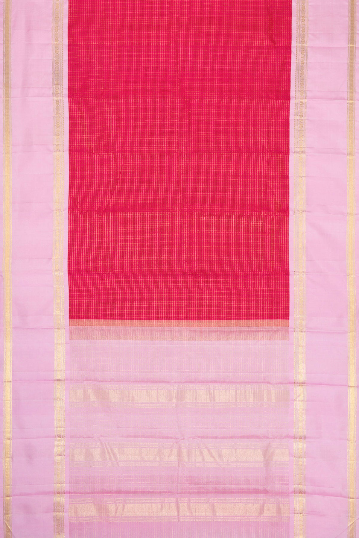 Flat view of Pink Dual Tone Kanjivaram Silk Saree with Checked design on the body and Zari Border. 
