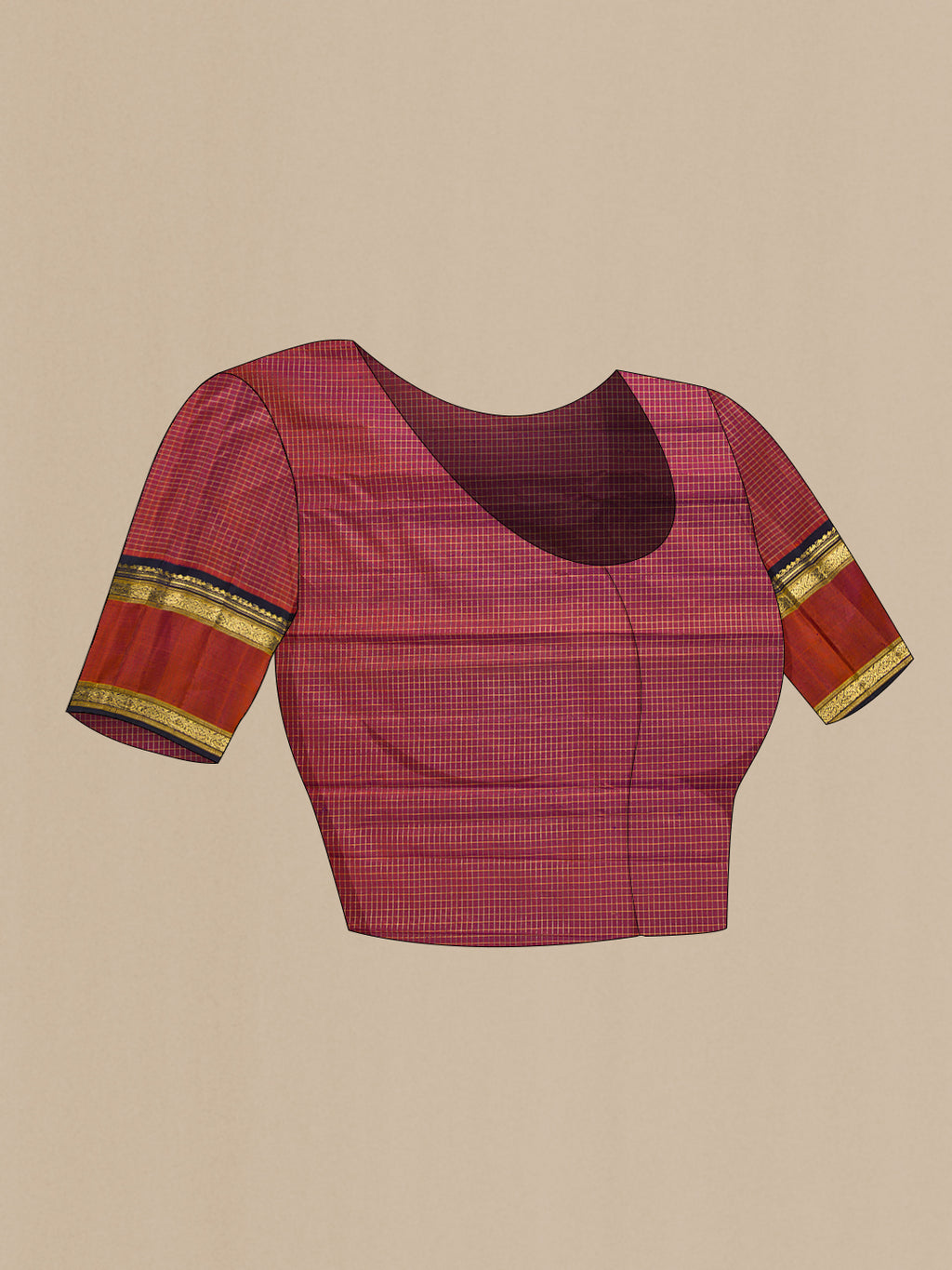 Close up image of the blouse of Off White Dual Tone Kanjivaram Silk Saree with Checked design on the body and Zari Border. 