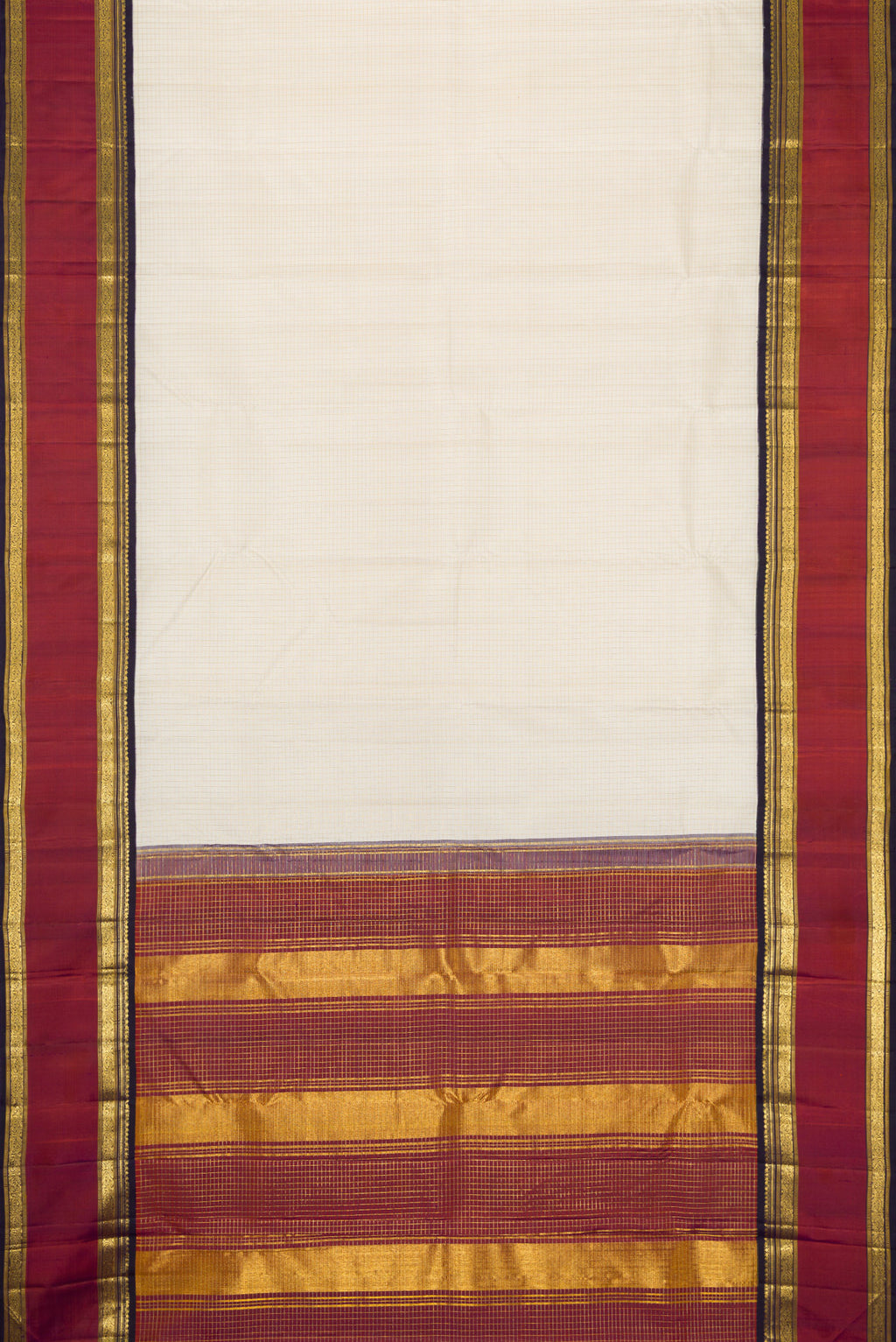 Flat view of Off White Dual Tone Kanjivaram Silk Saree with Checked design on the body and Zari Border. 