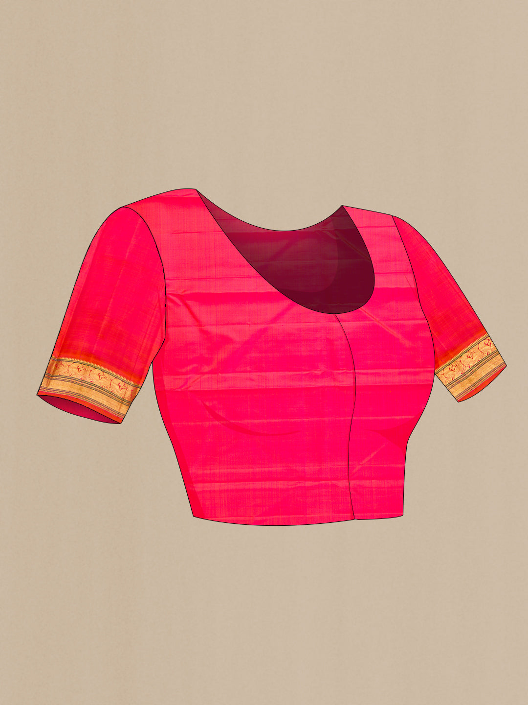 Close up image of the blouse of Beige Dual Tone Kanjivaram Silk Saree with Zari Butta on the body and Zari Border. 