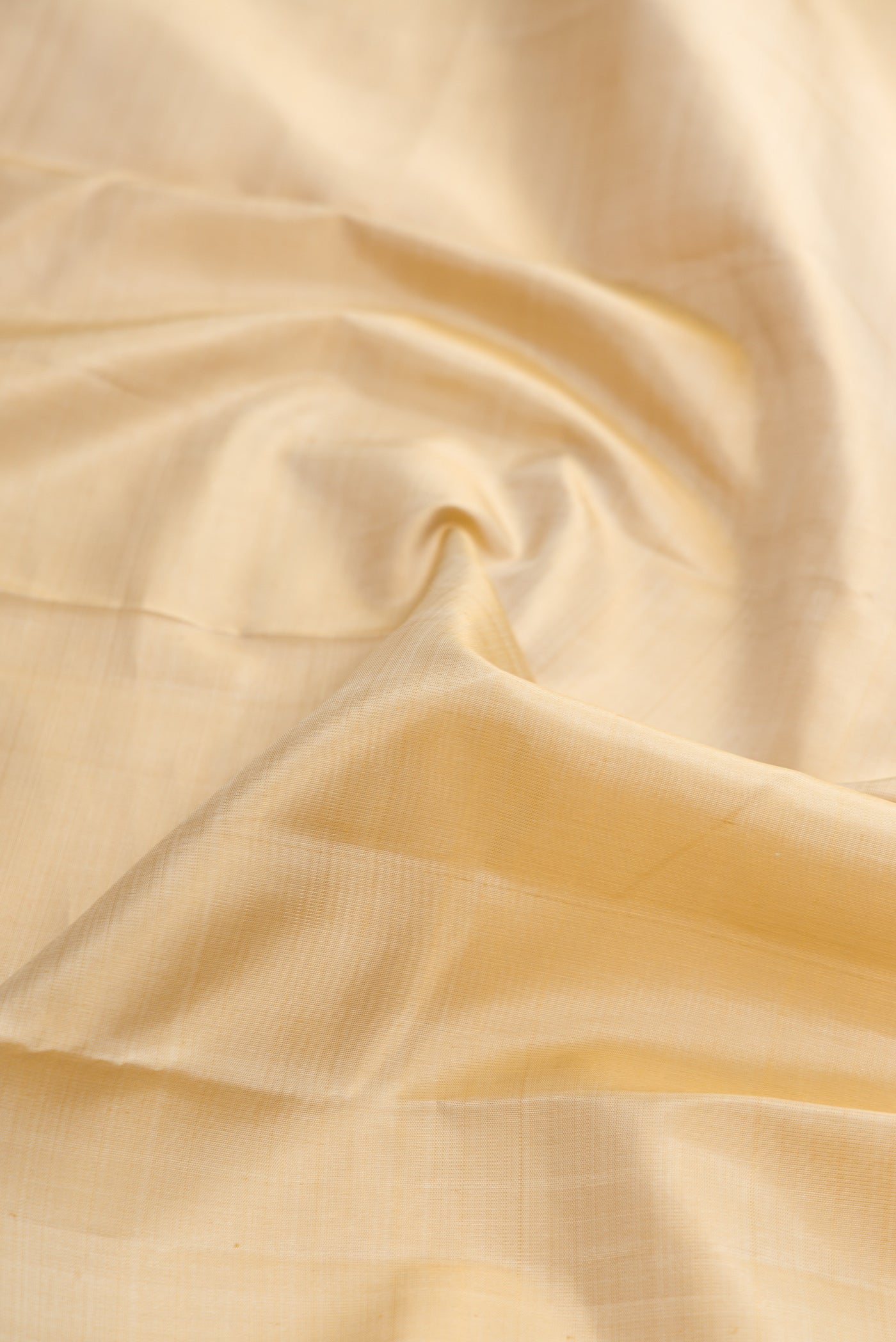 Close up of Beige Dual Tone Kanjivaram Silk Saree with Zari Butta on the body and Zari Border.  displaying folds