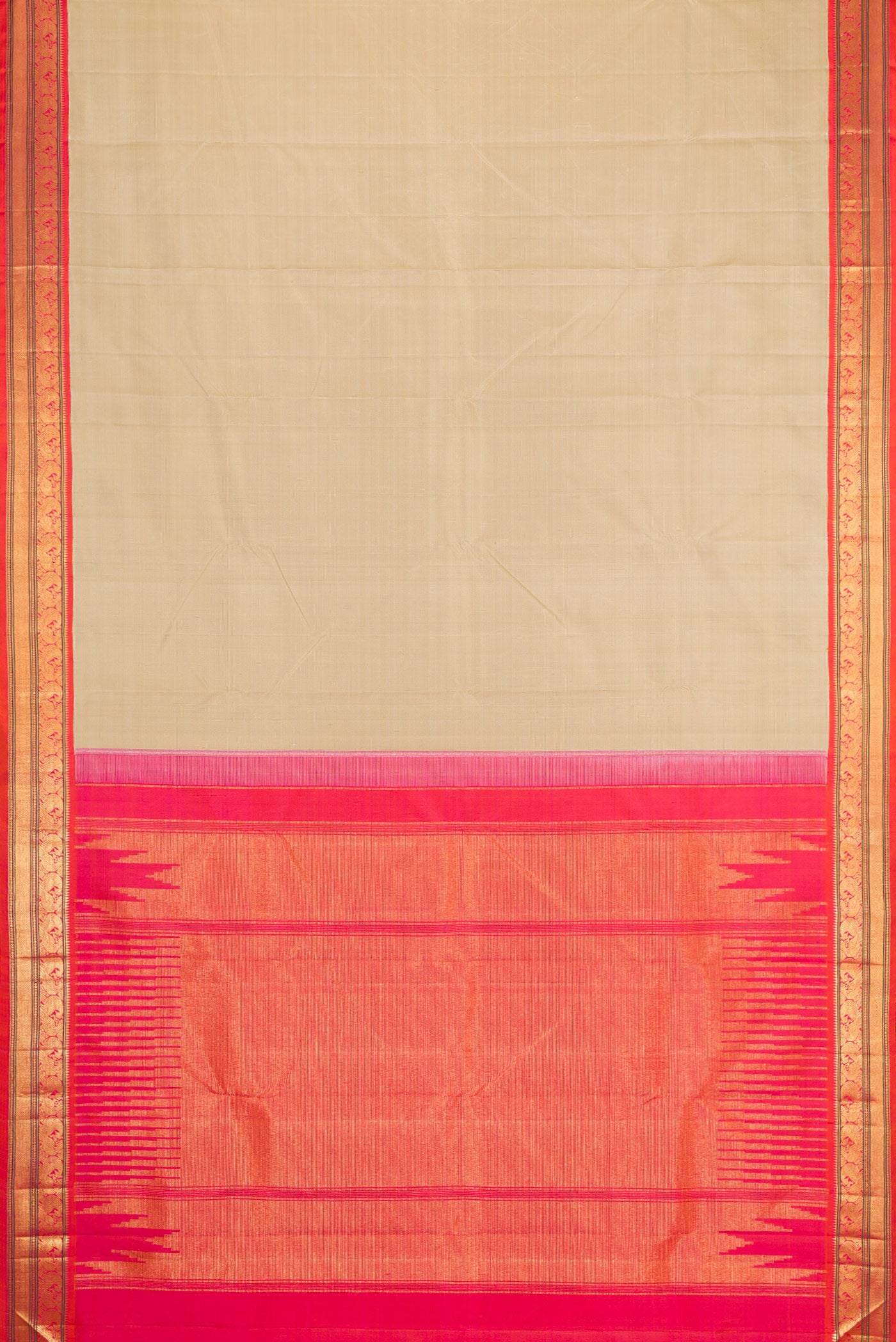 Flat view of Beige Dual Tone Kanjivaram Silk Saree with Zari Butta on the body and Zari Border. 