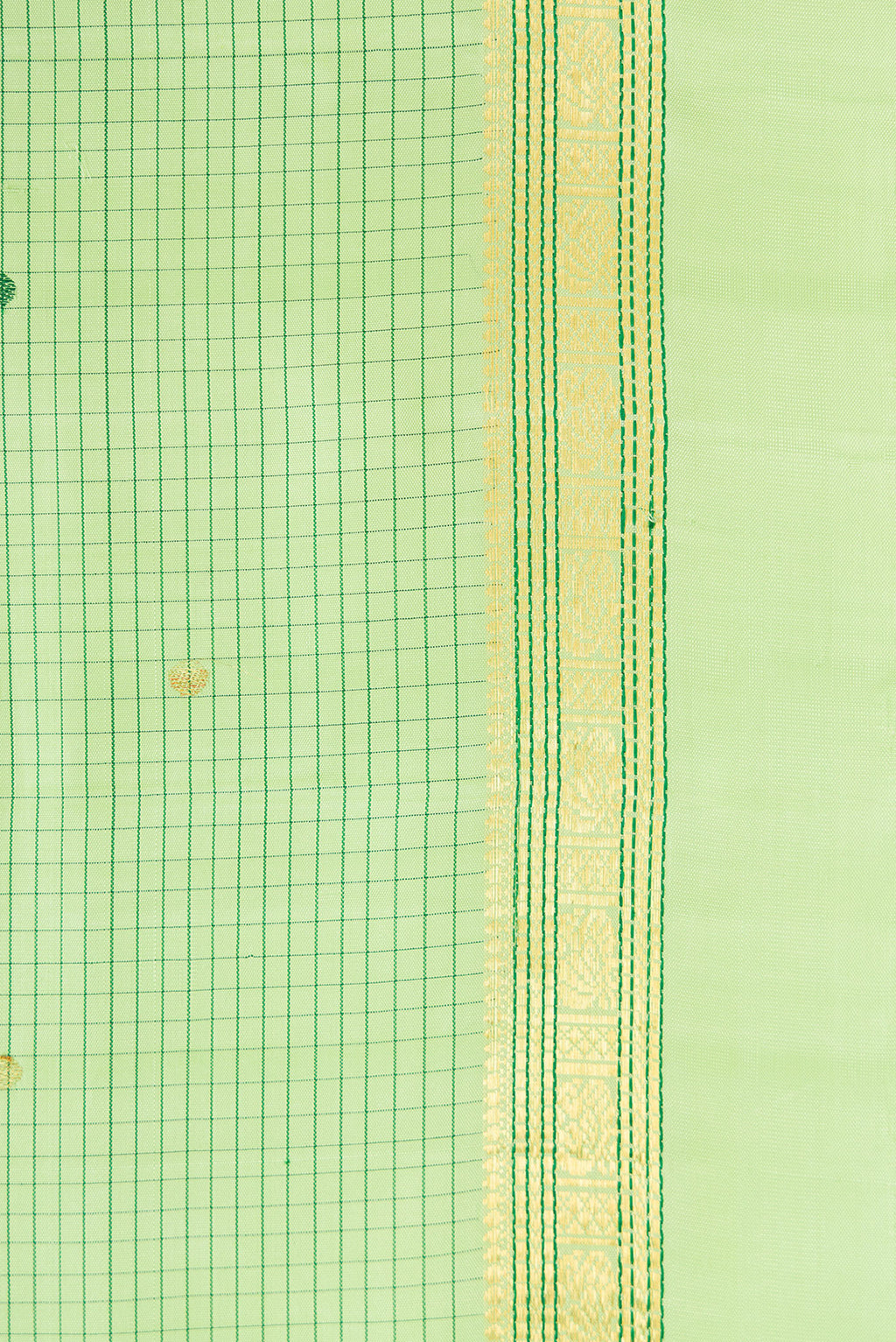 Border image of Parrot Green Dual Tone Kanjivaram Silk Saree with Checked design on the body and Zari And Thread Border. 