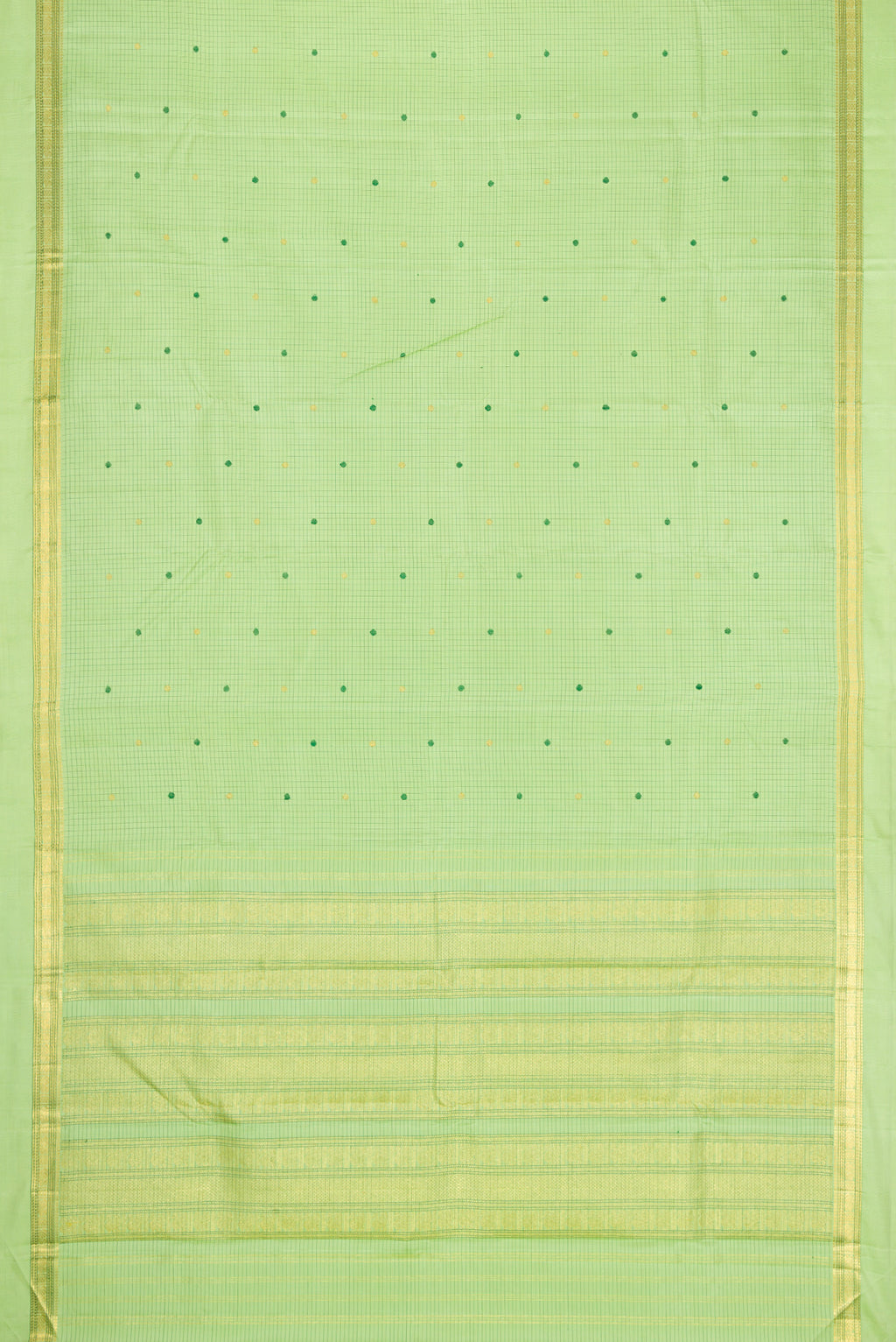 Flat view of Parrot Green Dual Tone Kanjivaram Silk Saree with Checked design on the body and Zari And Thread Border. 