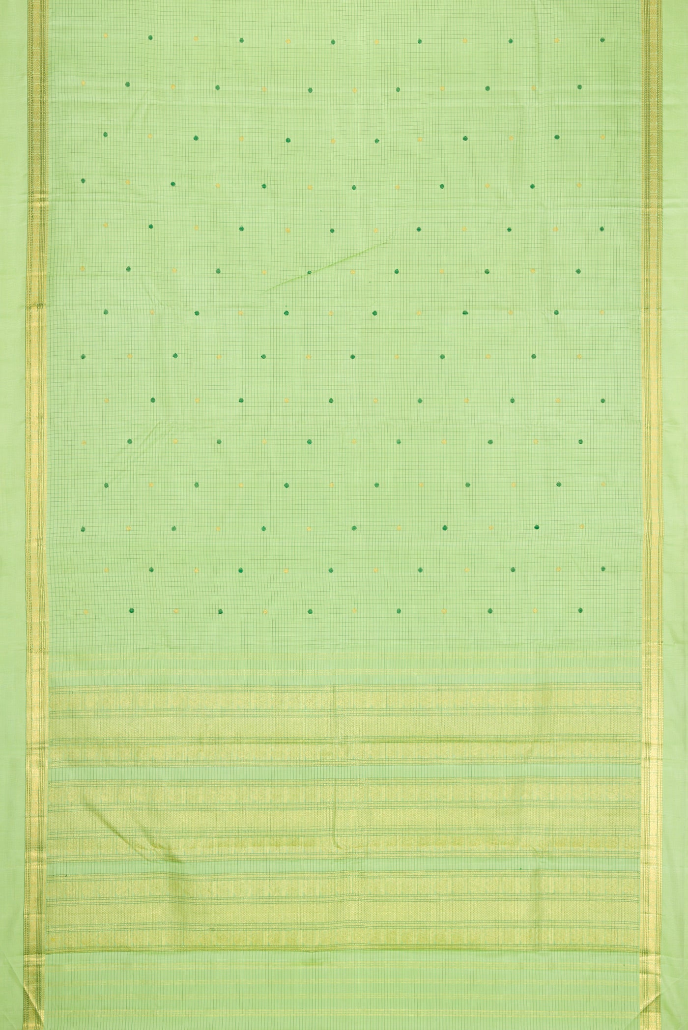 Flat view of Parrot Green Dual Tone Kanjivaram Silk Saree with Checked design on the body and Zari And Thread Border. 