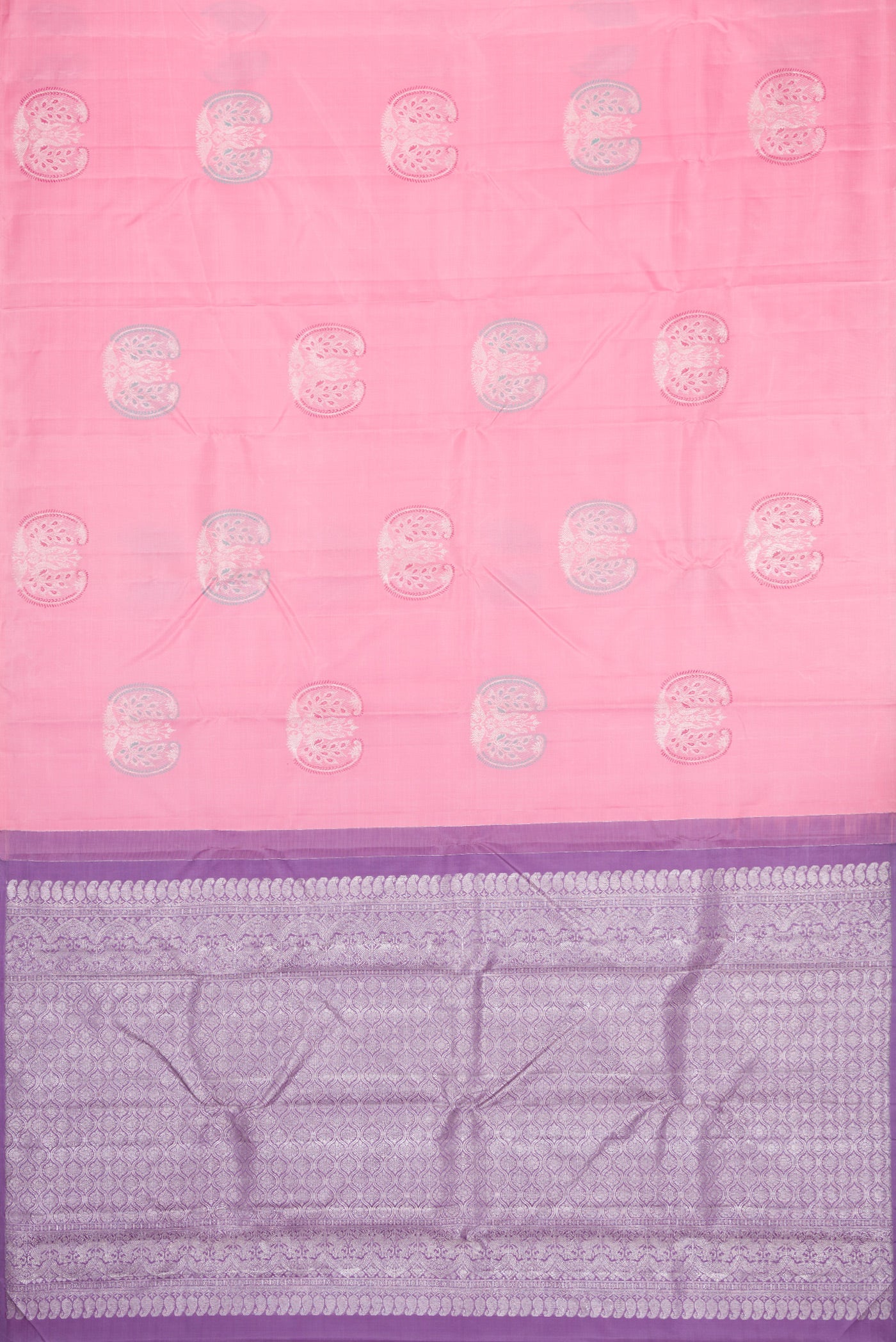 Flat view of Pink Dual Tone Kanjivaram Silk Saree with Zari And Thread Butta on the body and Without Border. 