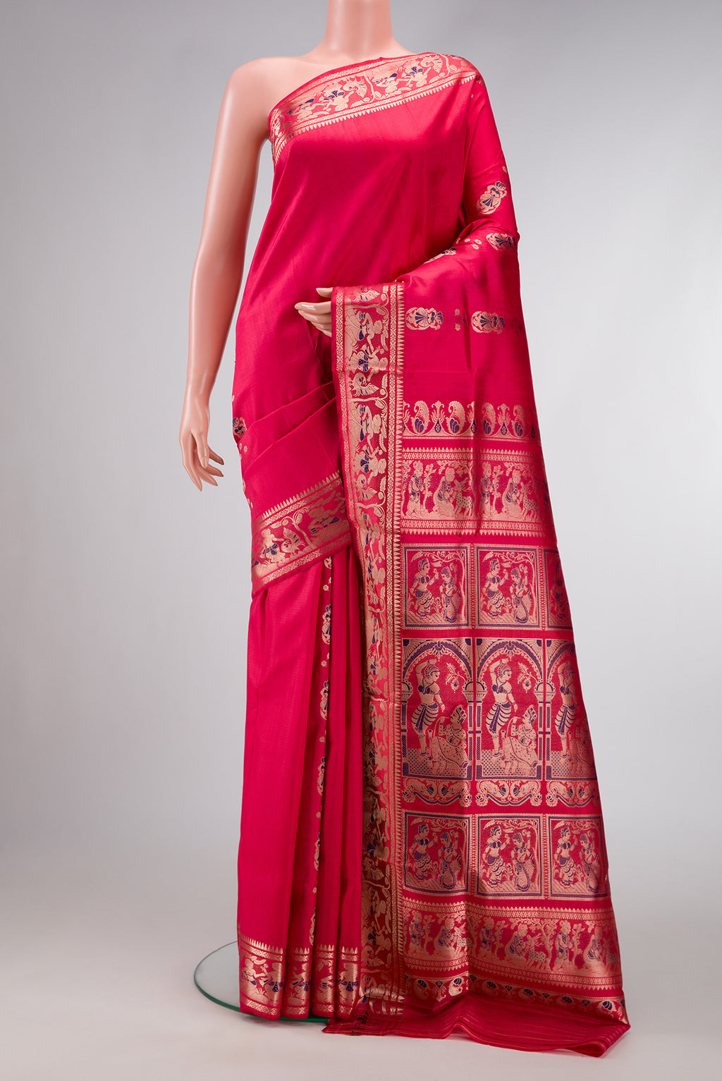 Pink Dual Tone Baluchari Silk Saree with Zari And Thread Butta on the body and Zari Border.  displayed on a mannequin