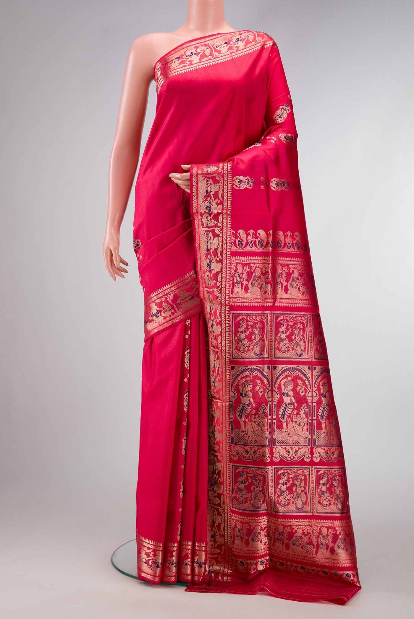Pink Dual Tone Baluchari Silk Saree with Zari And Thread Butta on the body and Zari Border.  displayed on a mannequin