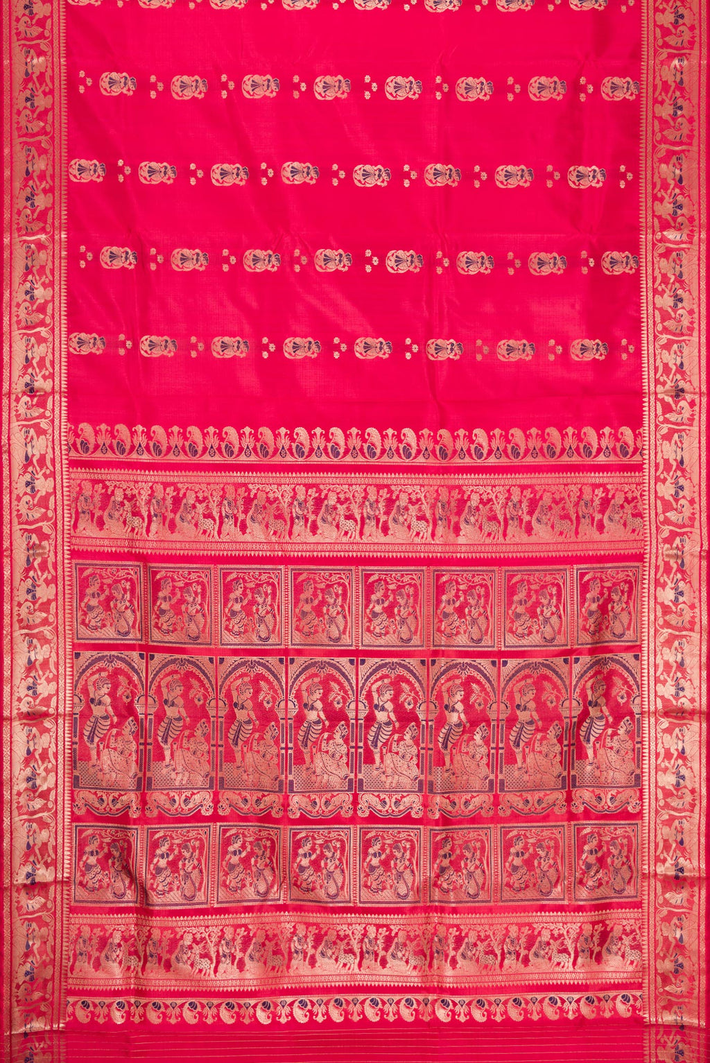 Flat view of Pink Dual Tone Baluchari Silk Saree with Zari And Thread Butta on the body and Zari Border. 
