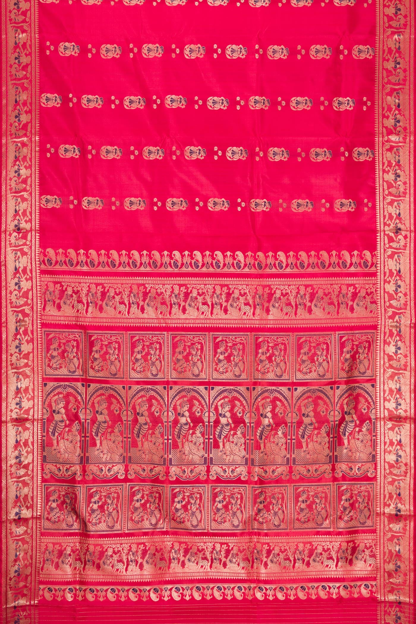 Flat view of Pink Dual Tone Baluchari Silk Saree with Zari And Thread Butta on the body and Zari Border. 