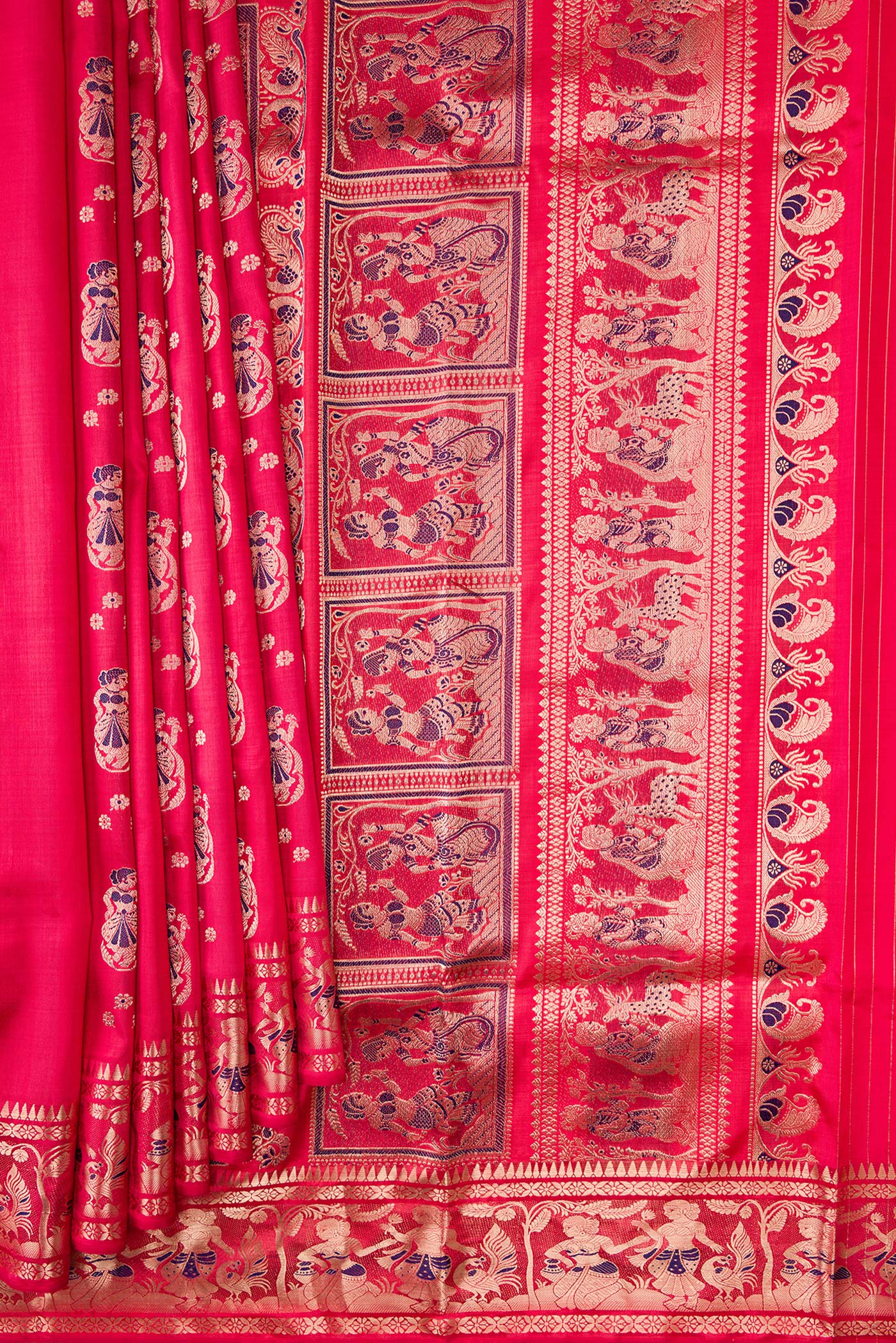 Pleats and pallu of Pink Dual Tone Baluchari Silk Saree with Zari And Thread Butta on the body and Zari Border. 