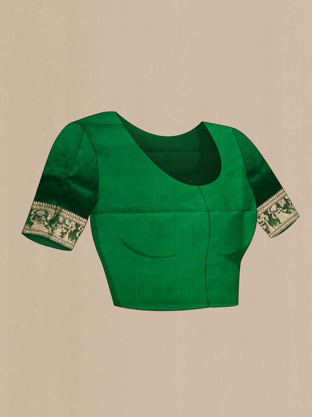 Close up image of the blouse of Green Dual Tone Baluchari Silk Saree with Zari And Thread Butta on the body and Thread Border. 
