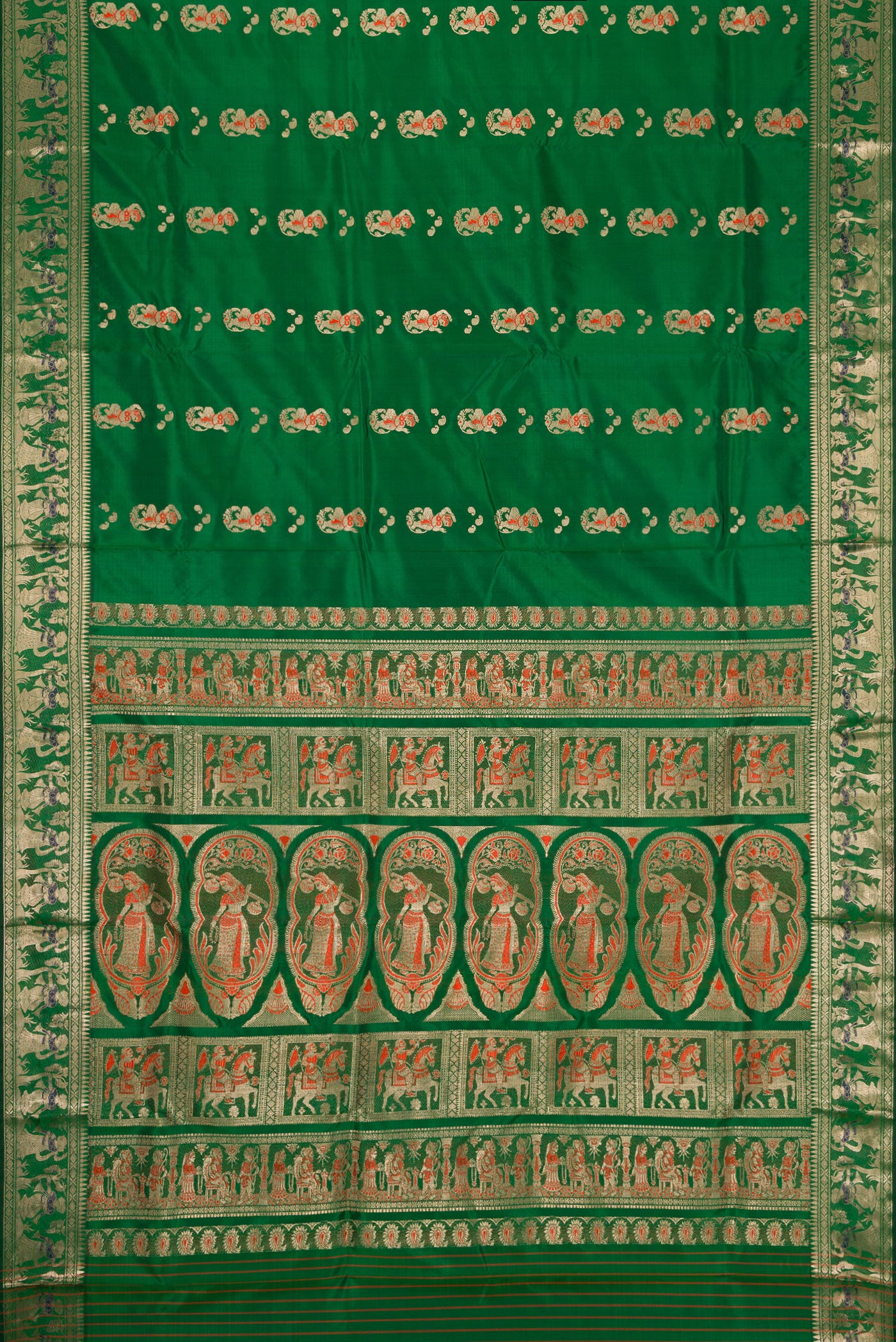 Flat view of Green Dual Tone Baluchari Silk Saree with Zari And Thread Butta on the body and Thread Border. 