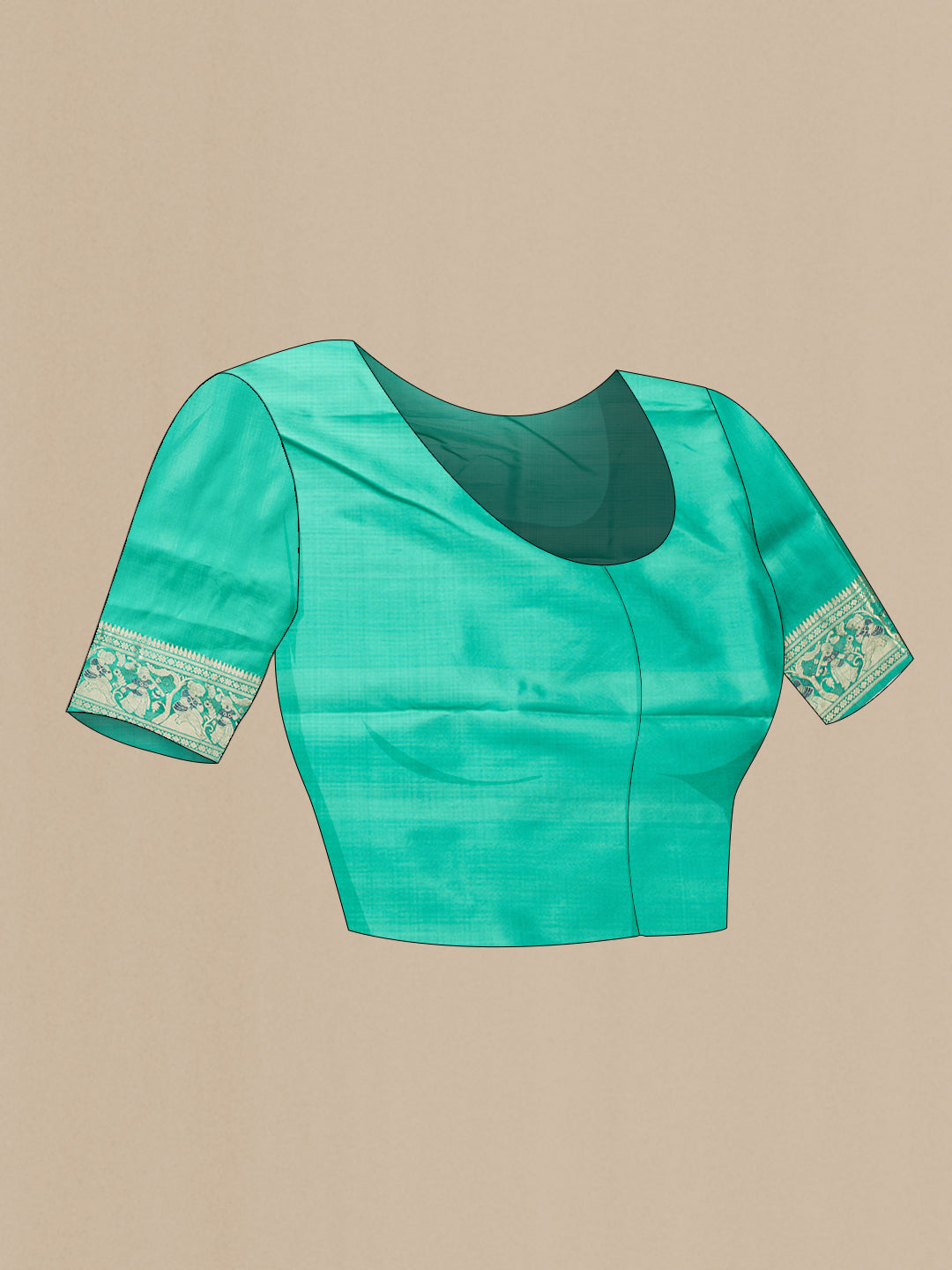 Close up image of the blouse of Sea Green Dual Tone Baluchari Silk Saree with Zari And Thread Butta on the body and Fancy Border. 