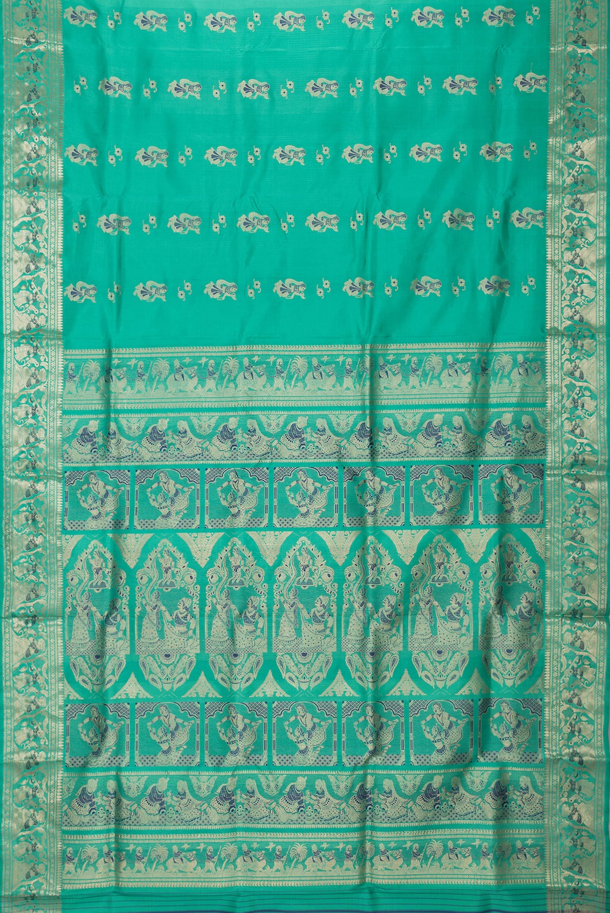 Flat view of Sea Green Dual Tone Baluchari Silk Saree with Zari And Thread Butta on the body and Fancy Border. 