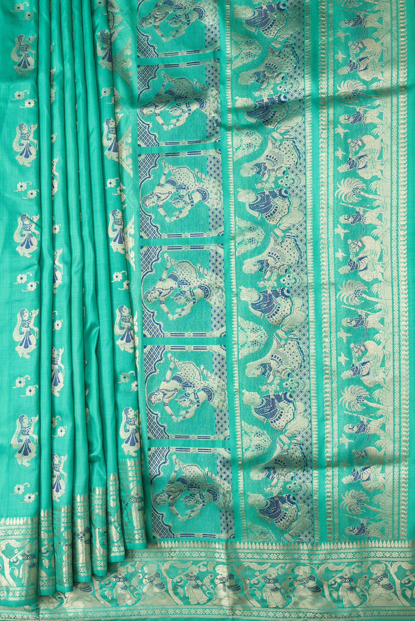 Pleats and pallu of Sea Green Dual Tone Baluchari Silk Saree with Zari And Thread Butta on the body and Fancy Border. 