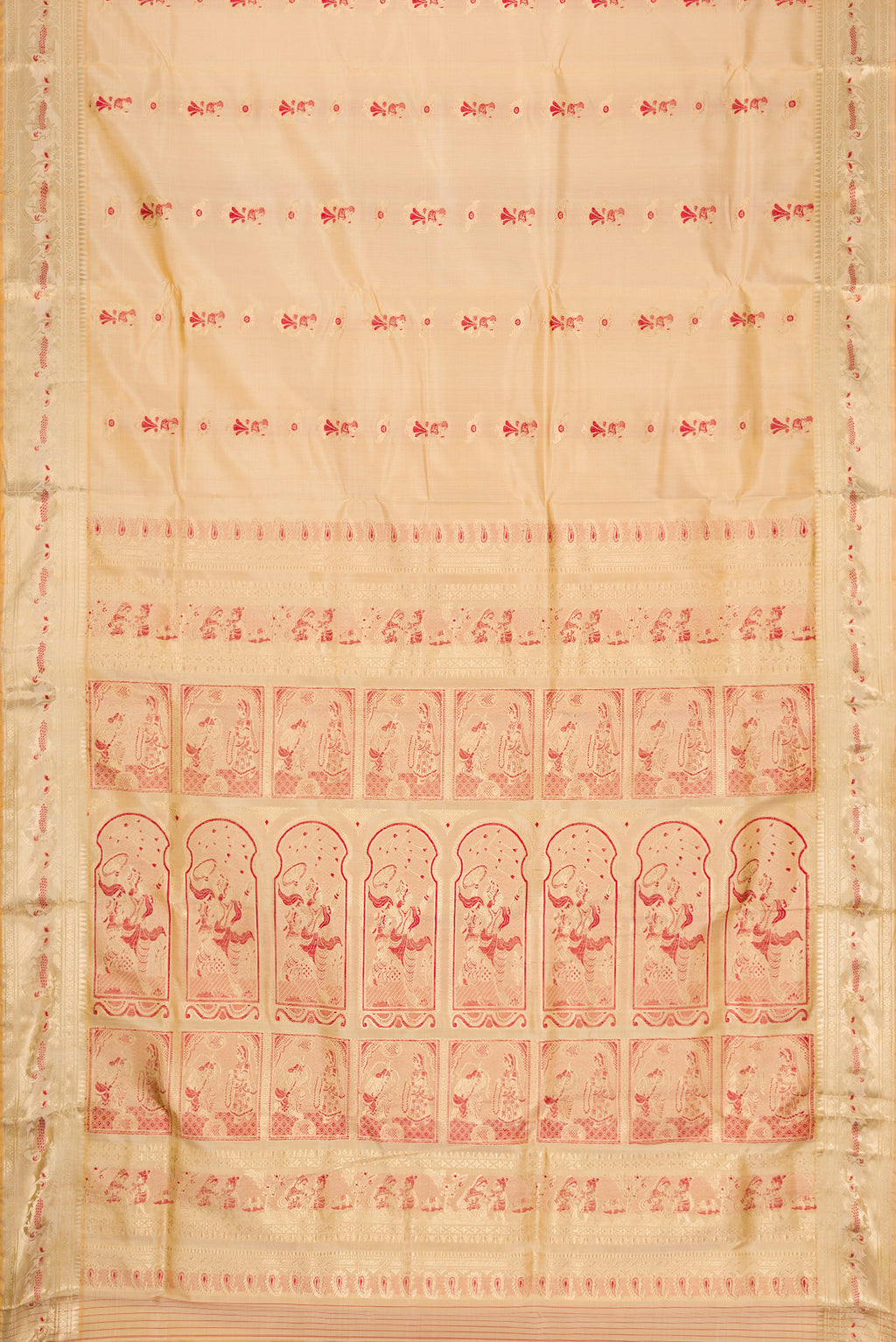 Flat view of Beige Dual Tone Baluchari Silk Saree with Zari And Thread Butta on the body and Zari Border. 