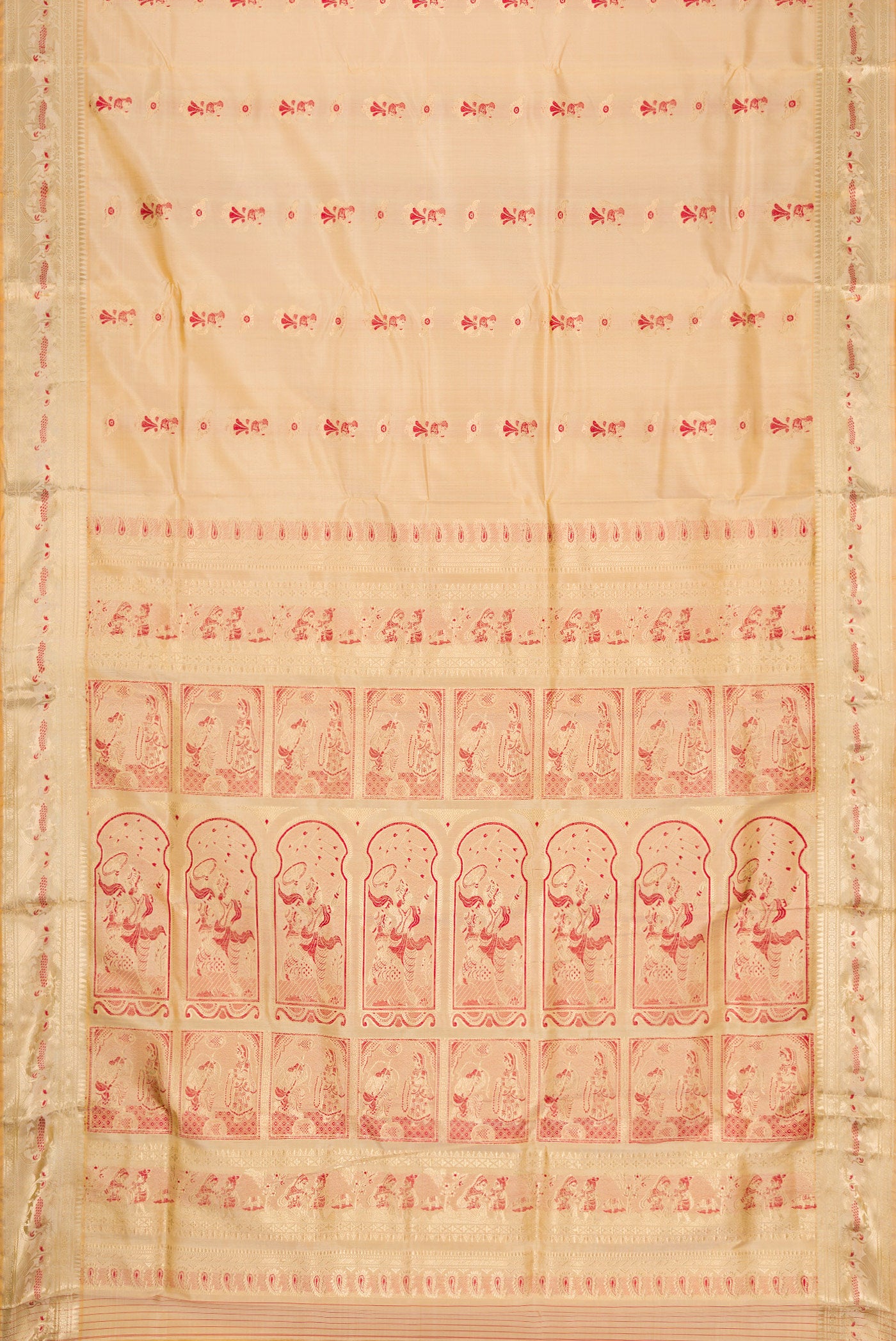 Flat view of Beige Dual Tone Baluchari Silk Saree with Zari And Thread Butta on the body and Zari Border. 