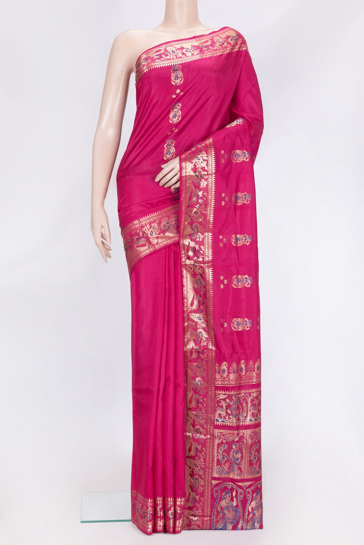 Pink Dual Tone Baluchari Silk Saree with Zari And Thread Butta on the body and Fancy Border.  displayed on a mannequin